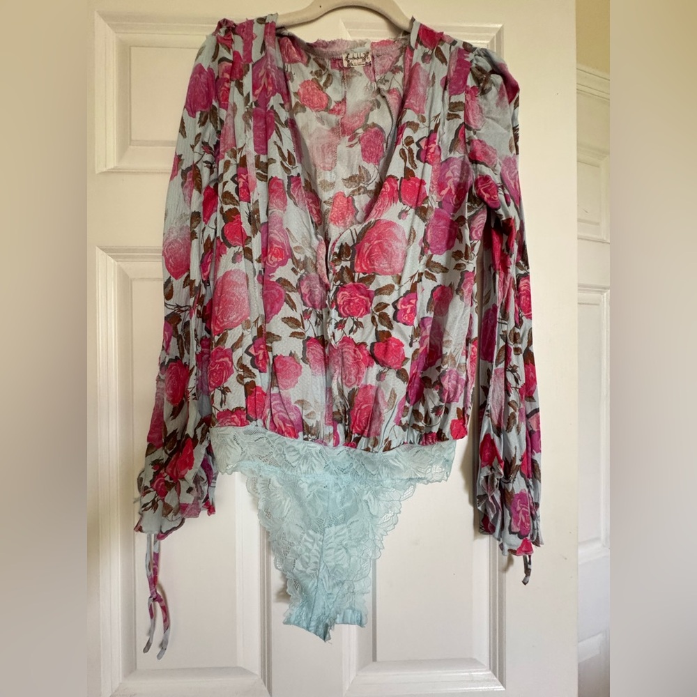 Free People Pink and Brown Floral Top